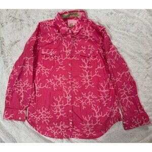 Lilly Pulitzer Tropical Pink Coral Print Button Up Blouse Size XL Double Pocket
